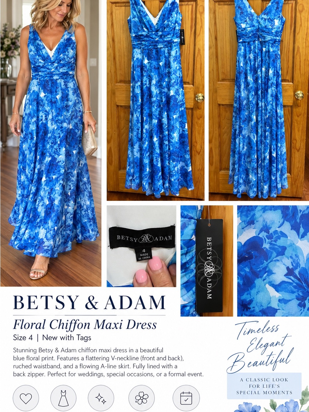 Betsy Adam’s Blue Floral V-Neck Maxi Dress